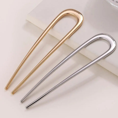 Elegant U-Shaped Hair Fork French Hairpin Stick for Long Thick Hair Updo - Golden Silver Alloy Women's Hair Accessories