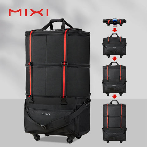 Foldable Travel Duffel Bag with Wheels, Expandable Rolling Luggage, Large Capacity, Waterproof