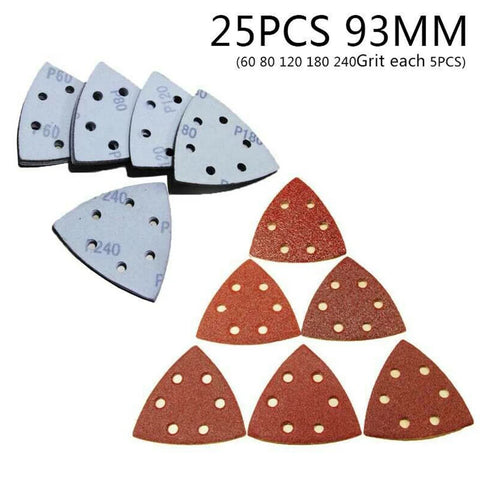 25pcs Triangle Sanding Pads 93mm Mixed Grit 60-240 for Oscillating Multitool with 6 Dust Extraction Holes