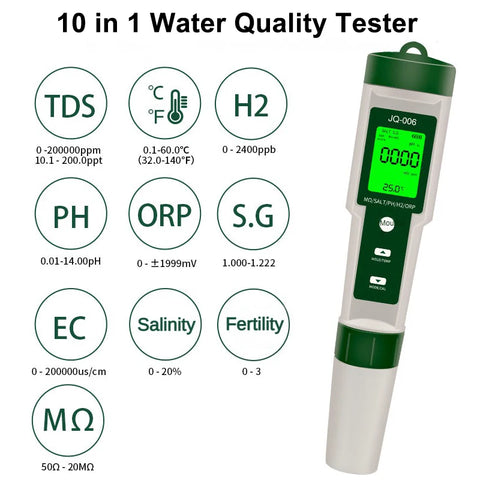10 in 1 Water Quality Tester: pH/EC/TDS/ORP/Temp/Salt/Resistivity for Aquariums & Pools