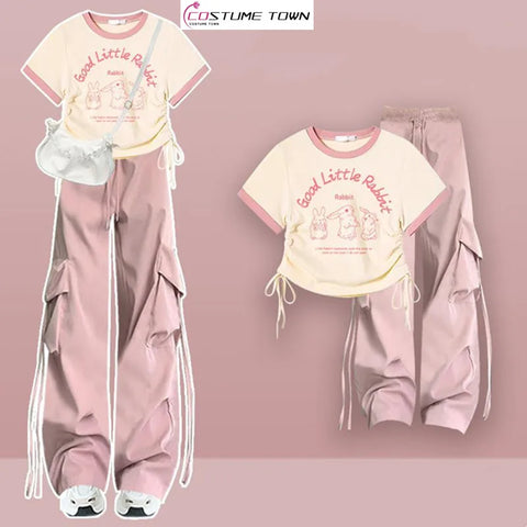 2024 Women's Spring/Summer Set: Short Sleeve Top + Pink Wide Leg Pants