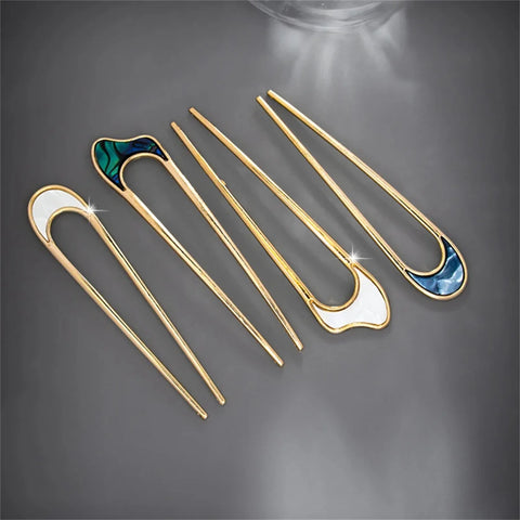 Elegant Silver & Gold Shell Enamel Hairpin U-Shaped Metal Hair Stick for Women Accessories