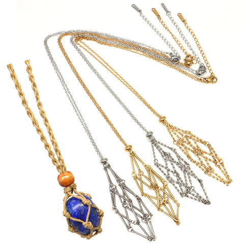 Adjustable Crystal Cage Necklace Holder - Wax Rope & Stainless Steel Chain Pendant for Natural Gemstones