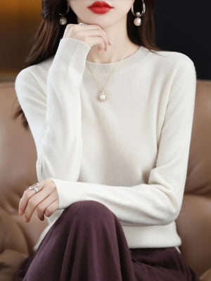 100% Merino Wool Women's O-neck Sweater Long Sleeve Pullover Jumper for Spring, Autumn, Winter Knitwear Top