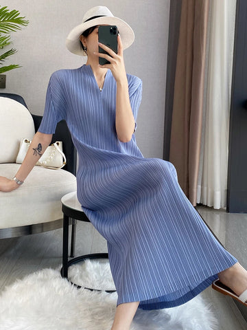 Elegant Pleated V-Neck Long Dress for Women - Short Sleeve Summer 2024 Casual Loose Style