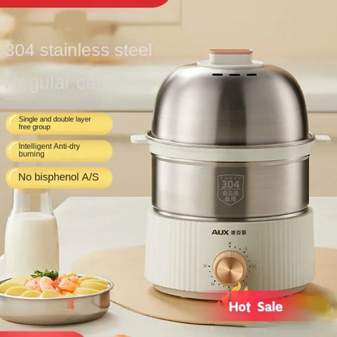 220V Electric Egg Cooker with Timer - 1 or 2 Layer, Auto-Off, Stainless Steel Egg Steamer for Home Breakfast
