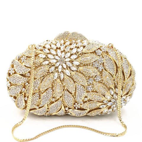 Gold Leaves Crystal Clutch Evening Purse Wedding Party Rhinestone Mini Handbag