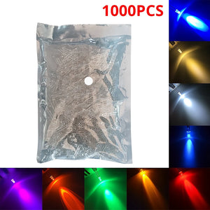 1000pcs 3mm LED Diode Kit: White, Red, Yellow, Blue, Green - Assorted Light Bulbs for DIY Electronics