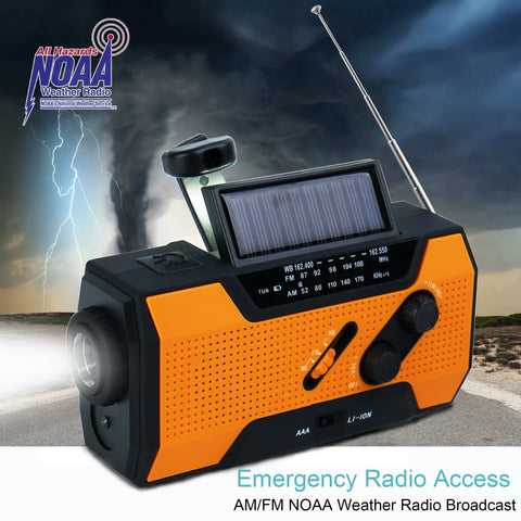 Emergency Weather Radio, Portable Hand Crank & Solar Powered, AM/FM, SOS Alarm, LED Reading Lamp, Flashlight, Power Bank