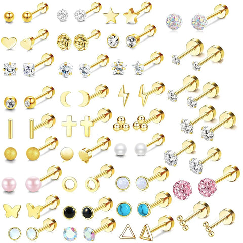 Gold Flower Cross Stud Earrings Set for Women - Stainless Steel Mini Pearl Cartilage Tragus Piercing Jewelry (2pcs)