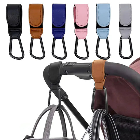 Baby Stroller Hooks Clips - Aluminum Carabiner for Pram Diaper Bag Hanging - PU Leather Strap Accessories