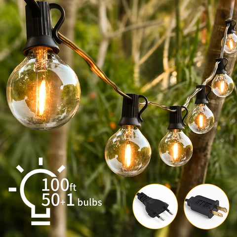 30m LED Fairy String Lights Outdoor Patio Garden Party Light G40 Clear Vintage Bulbs Wedding Decor Chain