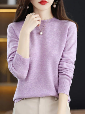 100% Merino Wool Women's O-neck Sweater Long Sleeve Pullover Jumper for Spring, Autumn, Winter Knitwear Top