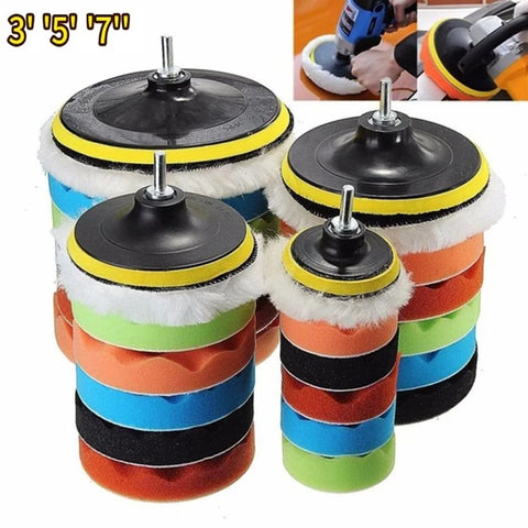 Car Polishing Pad Set 8pcs - Self-Adhesive Buffing, Waxing Sponge & Wool - 3/5/7 Inch Disc for Drill Adapter - Auto Detailing Tools