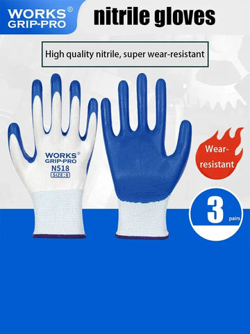 3 Pairs Non-Slip Nitrile Work Gloves, Wear-Resistant, Breathable for Industrial, Construction, Safety