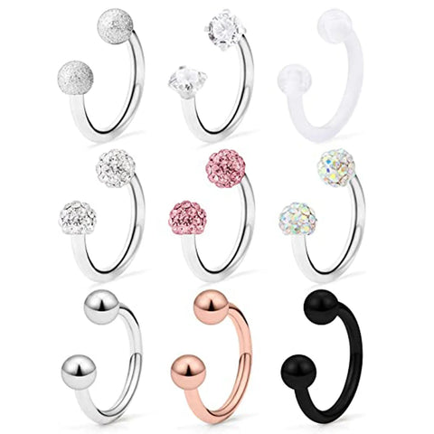 16g Surgical Steel Lip Hoop Ring Set: Crystal Horseshoe, Tragus, Cartilage, Helix, Daith, Septum Piercing Jewelry