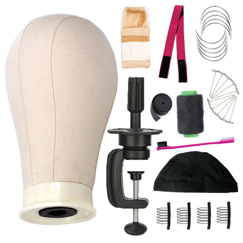 Canvas Wig Head with Stand and Mount Holes - Pink Styling Mannequin Block Head Set