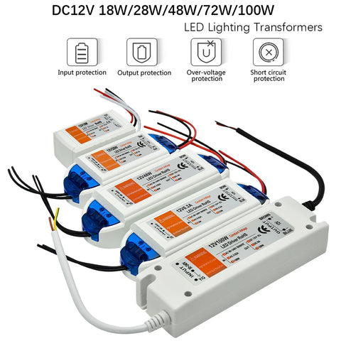 12V Power Supply LED Driver 18W-100W AC/DC Adapter for LED Strip, CCTV Lighting Transformer