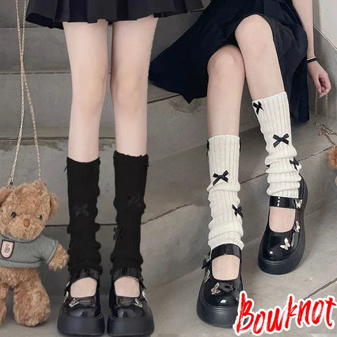 Bowknot Knitted Leggings Women Y2K Boot Cuffs Winter Punk Lolita Leg Warmers Korean Long Socks