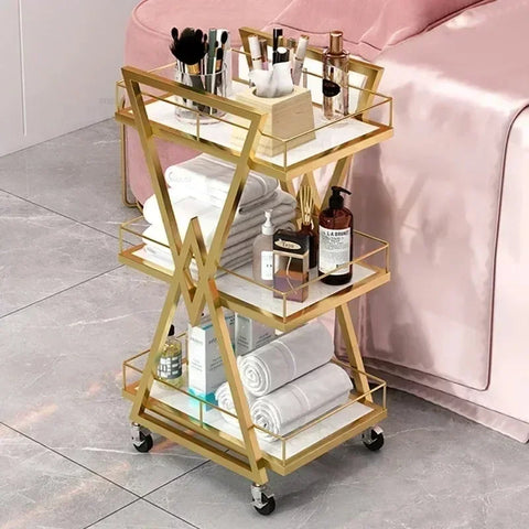 Gold Iron Salon Trolley with Wheels - Professional Barber Tool Cart, Modern Beauty Salon Auxiliary Equipment