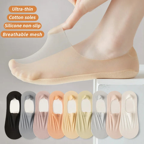 5 Pairs Women's No Show Socks, Ultra-thin Low Cut, Anti-slip Silicone, Mesh Ice Silk, Cotton, Summer Invisible Slippers