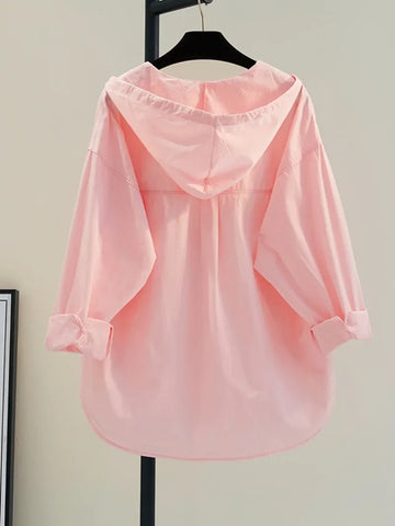 2024 Women's Oversized Long Sleeve Hooded Casual Cotton Blouse - Fashionable Korean Style White Shirt