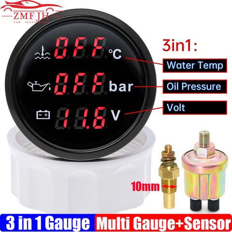 3-in-1 Digital 52mm Gauge: Water Temp 0~120°C, Oil Pressure, Voltage with Sensors and Alarm