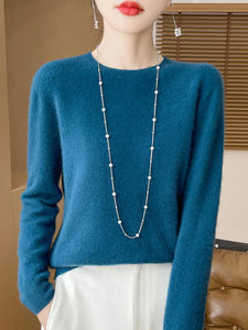 100% Merino Wool Women's O-neck Sweater Long Sleeve Pullover Jumper for Spring, Autumn, Winter Knitwear Top