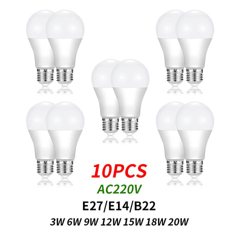 10pcs AC220V LED Light Bulbs E27 E14 B22 3W-20W No Flicker 3000K 4000K 6000K Table Nightstand Lamp Bulbs