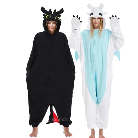 Halloween Dragon Couple Onesies Pajamas Black White Anime Kigurumi Cute Zipper Jumpsuit for Adults