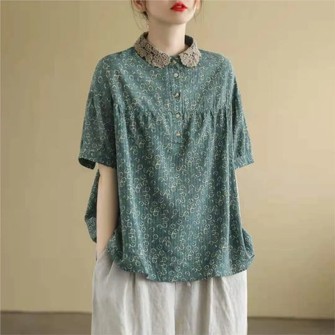 2024 Summer Women's Floral Patchwork Cotton Linen Shirt, Doll Collar, Loose Fit, Short Sleeve, Retro Comfort Style