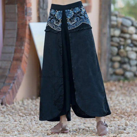 2025 Traditional Chinese Harajuku Vintage Floral Embroidered Wide Leg Elastic Waist Pants for Women