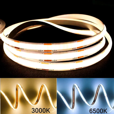 Flexible COB LED Strip Lights 12V/24V High Density 320 LEDs/m, 3000K-6000K, 1m-5m Lengths, 8mm for Kitchen Decor