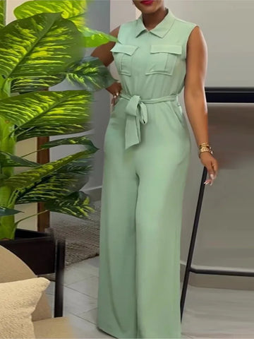 2024 Spring Sleeveless Wide Leg Jumpsuit Women Turn-Down Collar Zipper Playsuit with Pockets