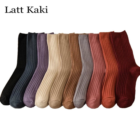 3 Pairs Women's Long Cotton Socks Set - Solid Color, Retro Japanese Style, Breathable, Elegant, Casual