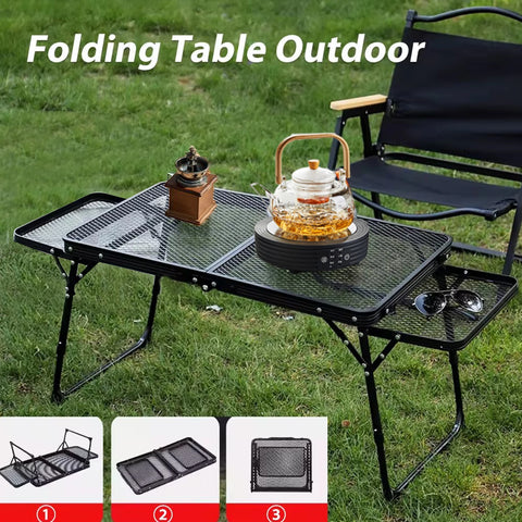 Foldable Iron Mesh Camping Table with Adjustable Lifting Shelf, Portable Outdoor Aluminum Dining Table