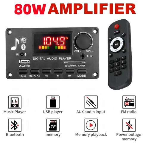 12V 80W Amplifier Bluetooth 5.0 MP3 Decoder Board FM Radio USB TF AUX Receiver Car Audio Kit