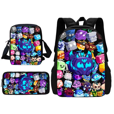 Cartoon Blox Fruits Kids School Backpack Set: Backpack, Shoulder Bag, Pencil Case
