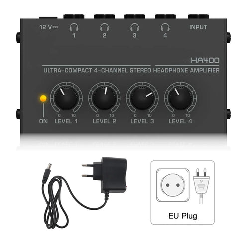 4-Channel Mini Stereo Headphone Amplifier with EU/US Power Adapter, Ultra-compact Audio Amp - HA400