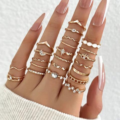 23pcs Knuckle Rings Set: Crystal, Star, Moon, Eye, Wave Designs for Women - Fashion Jewelry Party Accessories