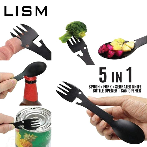 Camping Multi-tool 5-in-1: Fork, Spoon, Knife, Opener, Stainless Steel