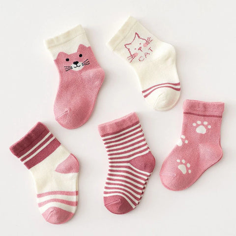 5 Pairs Baby Cartoon Socks for Spring & Autumn - Warm Toddler Mid Tube with Cute Cat & Stripes