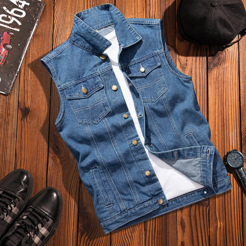 2024 Men's Ripped Sleeveless Denim Jacket Vest with Pockets - Spring/Autumn Streetwear Waistcoat