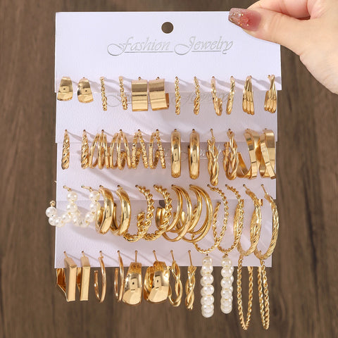 Bohemian Twisted Metal Hoop Earrings Set, 24 Pairs - Women's Vintage Geometric Aesthetic Jewelry for Parties & Trends