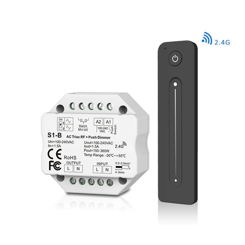2.4G RF Wireless LED Dimmer Switch, 220V Triac Adjustable with Remote, Push Control for LED Lamps and Bulbs