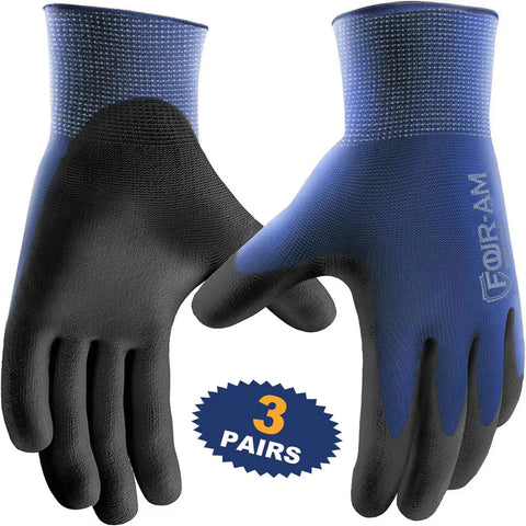 3 Pairs Ultra-Thin PU Coated Work Gloves, Black Nylon Grip Safety Gloves, Knit Wrist Cuff