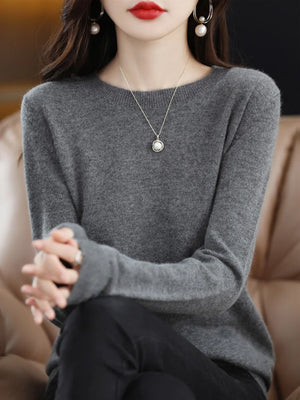 100% Merino Wool Women's O-neck Sweater Long Sleeve Pullover Jumper for Spring, Autumn, Winter Knitwear Top