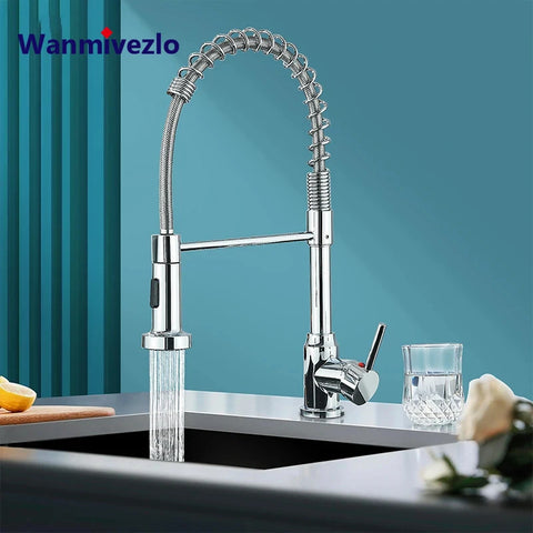 Chrome Pull Down Kitchen Faucet, Stainless Steel, Hot & Cold, Dual Spray Stream, 360° Swivel Mixer Tap