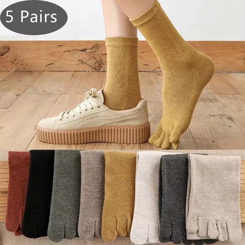 5 Pairs Women's Cotton Toe Socks - Breathable, Soft, Elastic Five Finger Short Socks, Solid Colors, Harajuku Style