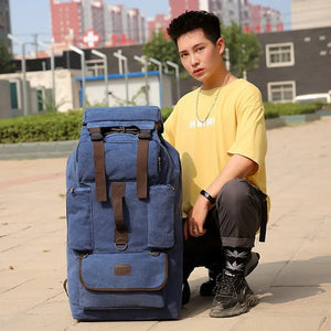 100L Canvas Backpack for Travel & Hiking - Men's Large Capacity Pack with Blanket Storage